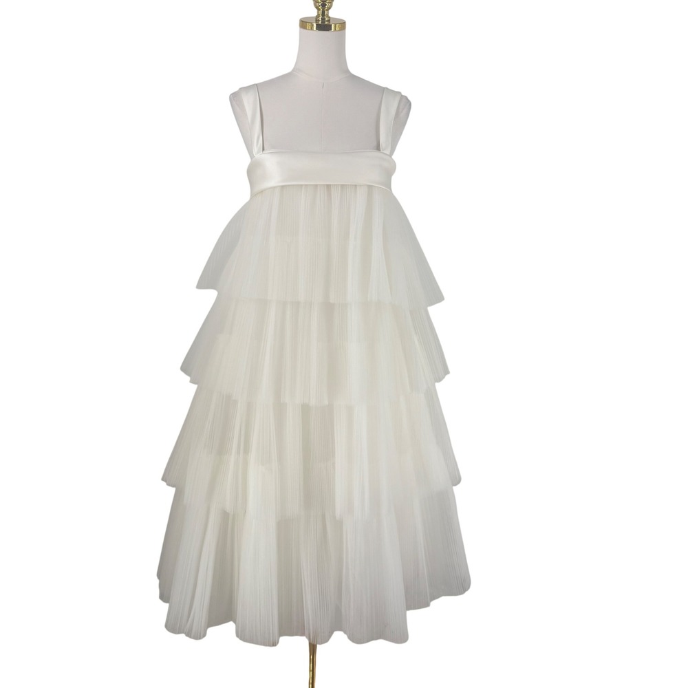Amsale Little‎ White Dress Ivory Pleated Tulle Tiered Bridal Gown 4 Avant Garde